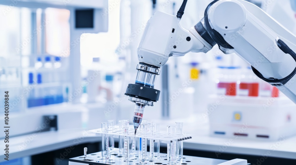 Poster A robot conducting automated experiments in a modern biochemistry lab with clean, organized research stations and advanced experimental setups, Biochemistry tech style