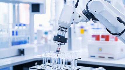 A robot conducting automated experiments in a modern biochemistry lab with clean, organized research stations and advanced experimental setups, Biochemistry tech style