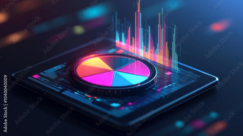 Poster a vibrant, futuristic interface displaying colorful sound waves and a pie chart, suggesting digital 