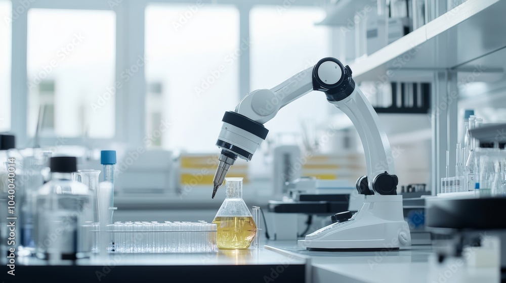 Aufkleber A robot conducting automated experiments in a modern biochemistry lab with clean, organized research stations and advanced experimental setups, Biochemistry tech style