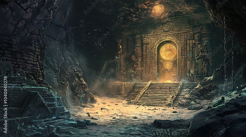 Poster Discovering the enigmatic secrets of an ancient temple hidden deep within a desert illuminated by mystical light and surrounded by timeless stories