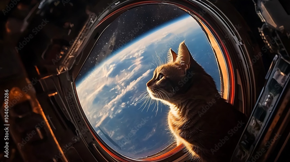 Poster an astronaut cat gazes at earth from a space station capturing the wonder of space exploration and f
