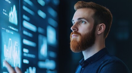 A focused individual interacts with a digital display, analyzing data and insights in a tech-driven environment.