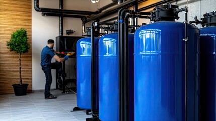 A technician in overalls works on water softener equipment amidst tanks in a grey Los Angeles home