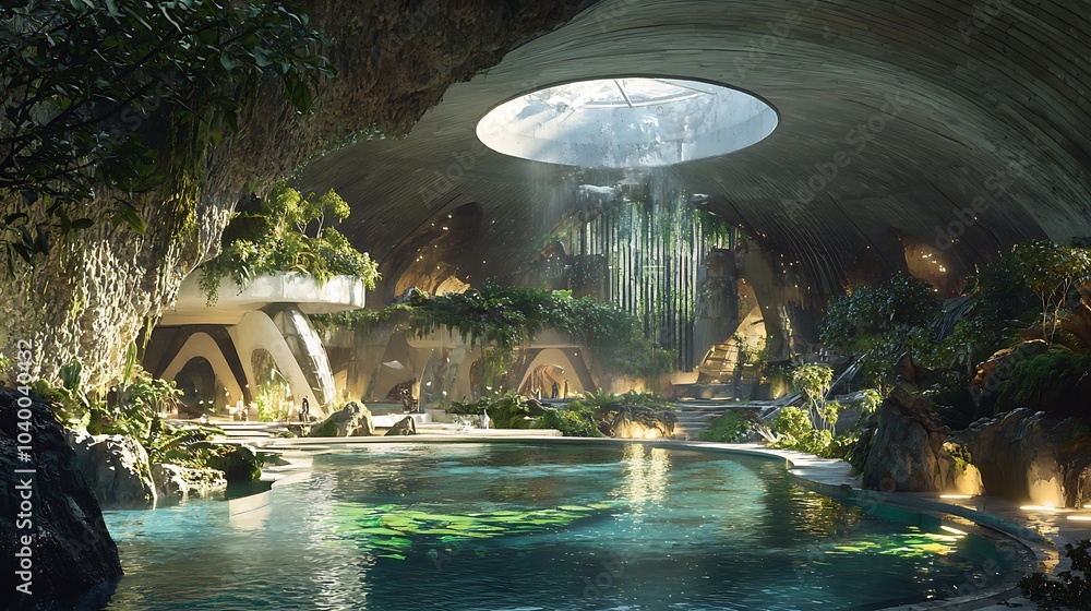 Poster exploring the harmony of nature and technology in an underground sanctuary with lush greenery and fl