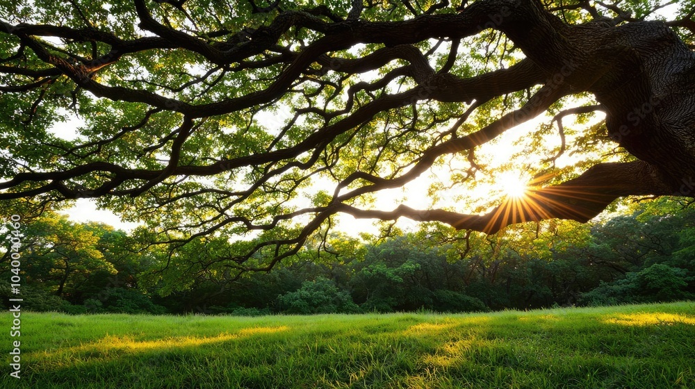 Poster sunlight filtering through branches over a lush green field.