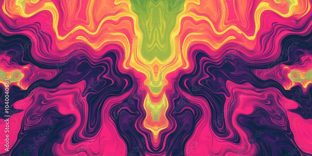 Poster psychedelic symmetry, a vibrant magenta and lime pattern with wavy illusions, creating a dynamic vis