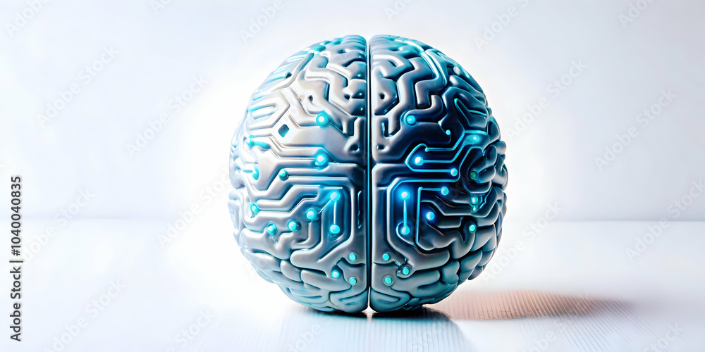Poster close up human brain model embedded ai circuits detailed image focused on human brain intertwined gl