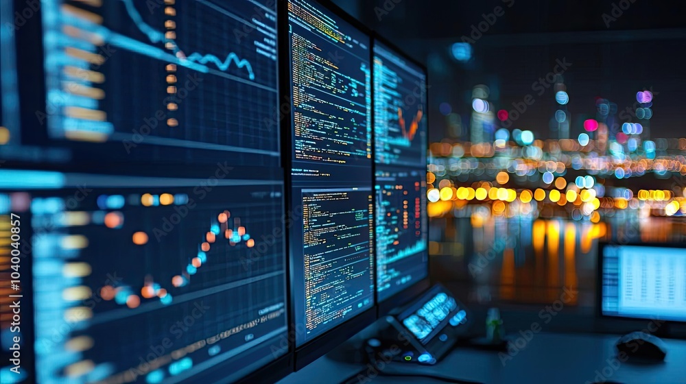 Poster high-tech monitors displaying data analytics at night, city lights in background.