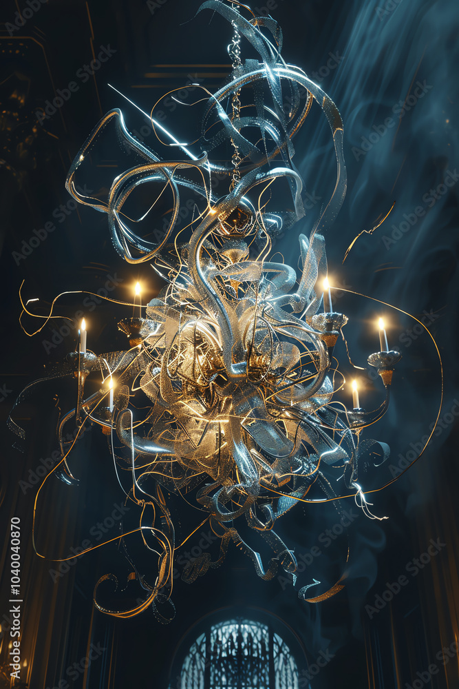 Aufkleber capture a surreal high-angle view of a luxury chandelier morphing into tangled thoughts, blending op