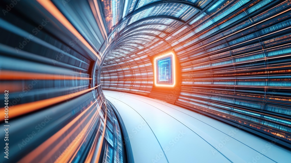 Poster futuristic tunnel with neon lights and glowing data patterns, perspective view.