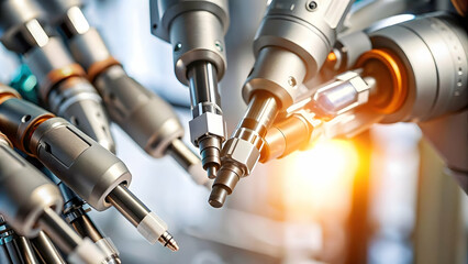 Close Up Robotic Surgical Instruments Soft Lighting Abstract Image Precision Robotic Integration Healthcare Bokeh Background Copy Space Photo Stock Concept