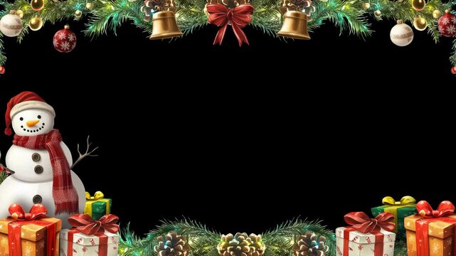 christmas frame with snowman, presents gift, bells, candy cane, leafs and light shinning, with transparent background easy to edit