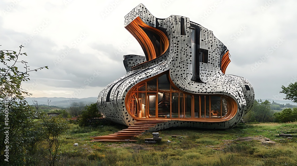 Poster innovative architectural design a house where music and structure harmoniously merge into a symphony