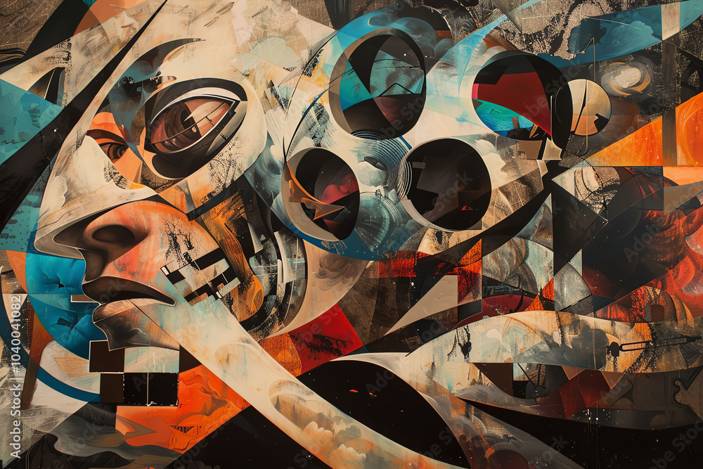 Poster capture a traditional medium piece portraying abstract shapes intertwined with dystopian themes in a