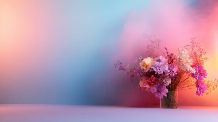 A stunning bouquet of diverse and colorful flowers sits in a glass vase against a vividly abstract backdrop, representing creativity, vitality, and elegance in design.