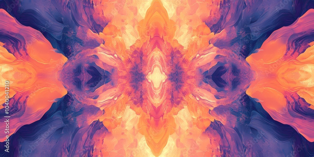 Poster psychedelic peach and purple illusion, a vibrant symmetrical pattern with angular motifs creating dy