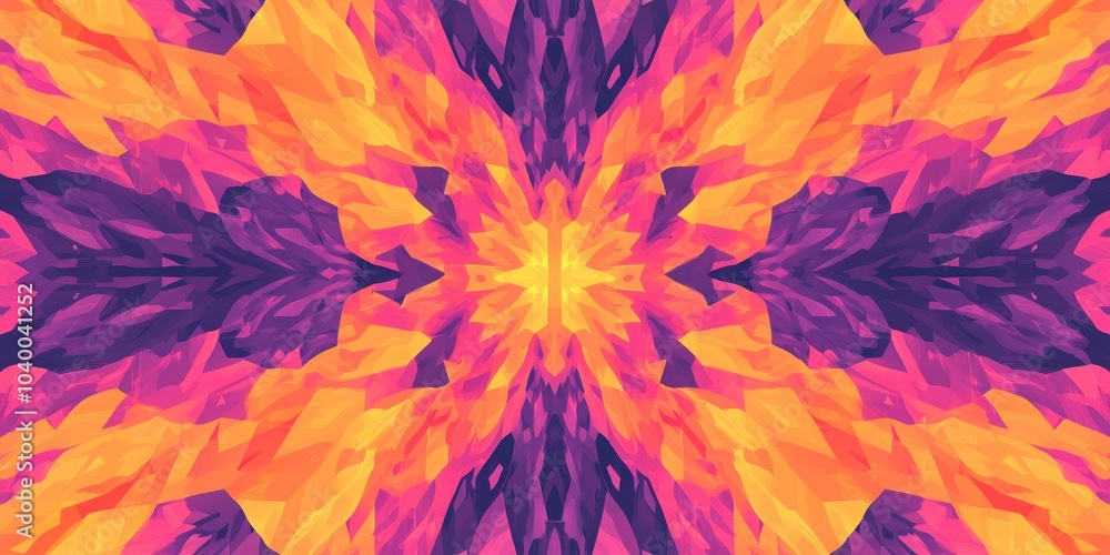 Poster vibrant symmetrical psychedelic design, a dynamic peach and purple pattern with fragmented illusions