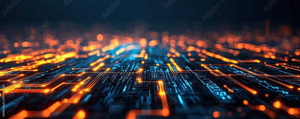 Poster abstract technology background with glowing circuits and neon lights.