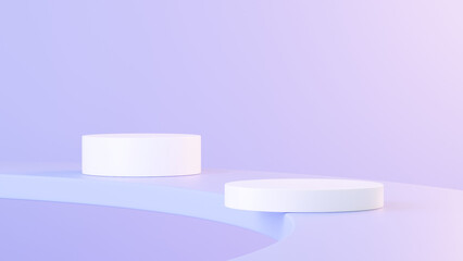 3D product is elegantly displayed on a platform adorned with a purple backdrop and soft pink-tinted lighting. Abstract geometric platforms are designed to showcase merchandise in a landscape