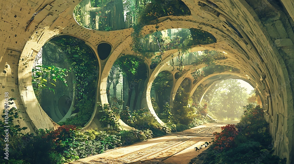 Poster exploring an underground city where nature and futuristic design harmoniously coexist in a unique en
