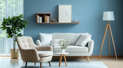 armchair sofa Book shelf and blue wall. Scandinavian home interior design of modern living room