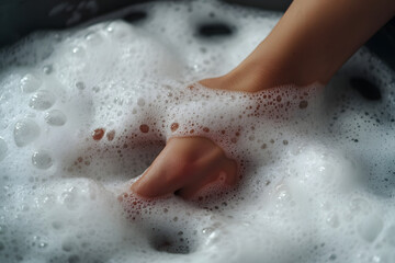 Fototapeta premium Hand in Foamy Water Close up Bubbles Cleaning Hygiene Lather Suds Texture Backgrou