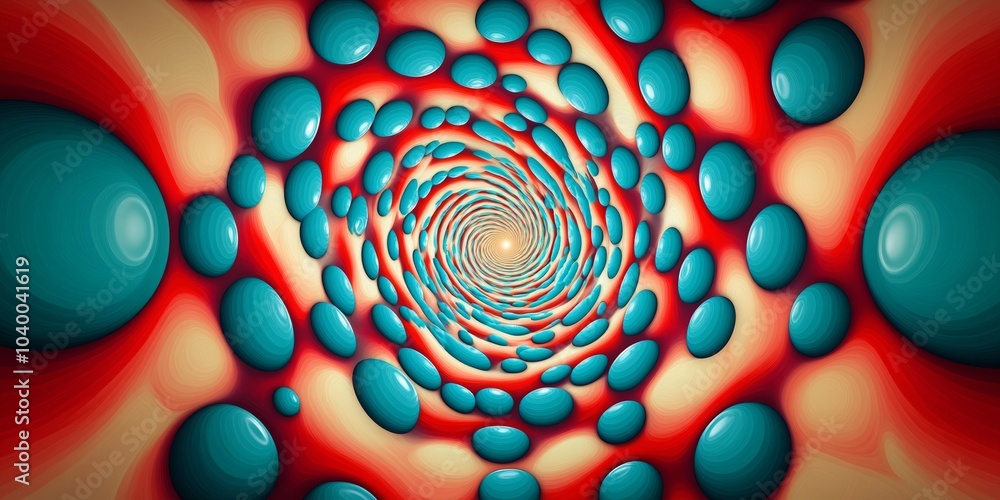 Poster Psychedelic Vortex Design, symmetrical ruby and turquoise pattern with swirling illusion, vibrant bursts enhancing dynamic creativity.