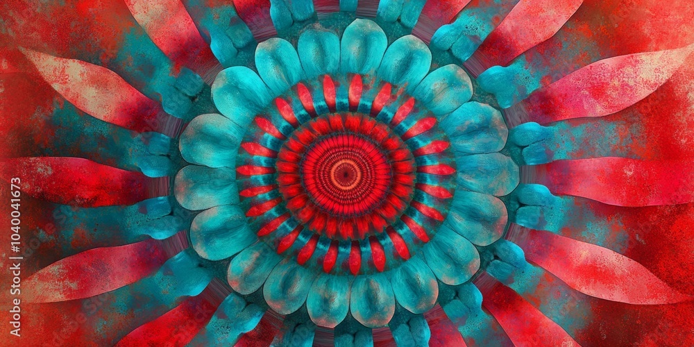 Poster psychedelic vortex design, symmetrical ruby and turquoise pattern with swirling effects, vibrant bur