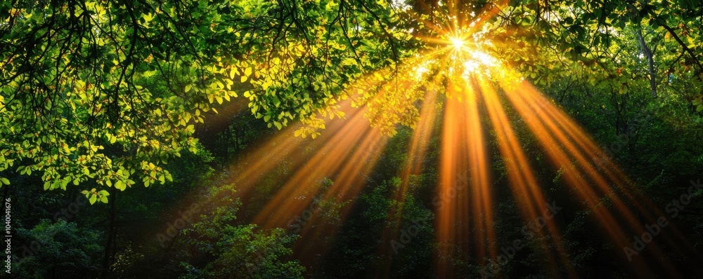 Poster sunlight filtering through lush green trees in a serene forest setting.