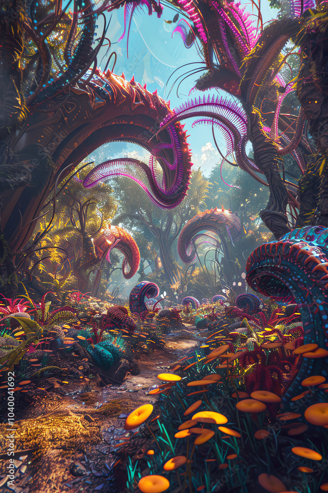 Poster capture the essence of cosmic gardening with a vivid, frontal view of a lush alien garden blooming w