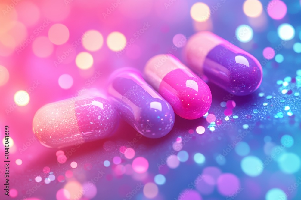 Poster colorful capsules arranged on a sparkling surface with a vibrant bokeh background in soft light