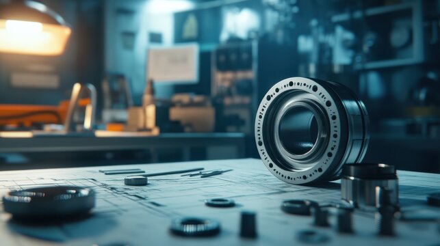 Engineer technician designing drawings mechanical parts engineering Engine.manufacturing factory Industry Industrial work project blueprints measuring bearings caliper tools