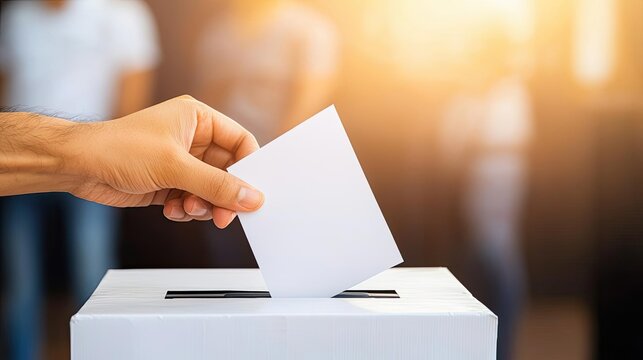 Hand casting a vote into a ballot box, blurred people in the background.