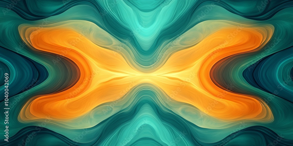 Poster psychedelic wave illusion, a symmetrical teal and orange design with flowing curves creating a seren