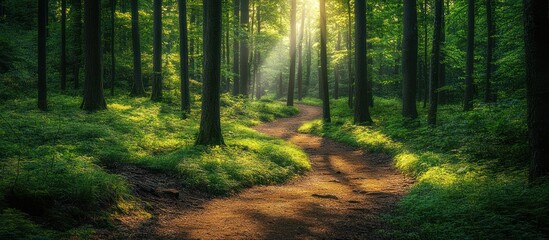 Obraz premium A sunlit path winding through a lush forest, with sunlight streaming through the trees.