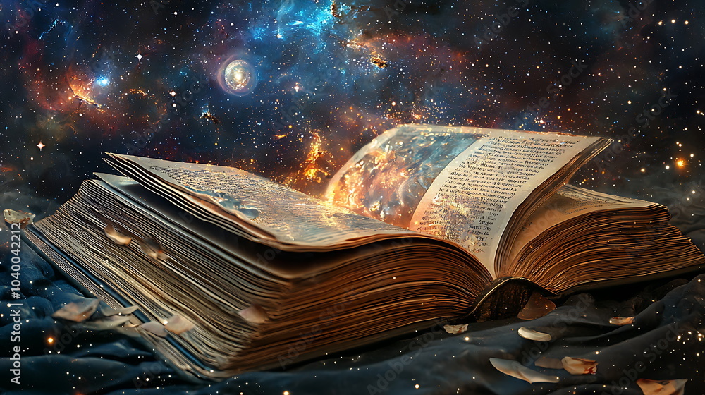 Aufkleber an enchanted journey through the cosmos discover the secrets within the magical open book amidst a c