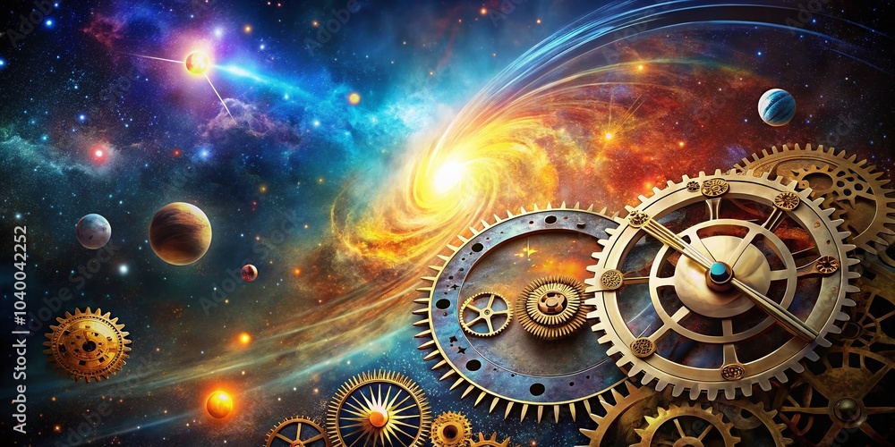 Poster interlocking gears of light in a cosmic clockwork - abstract representation of time in a pixelated u