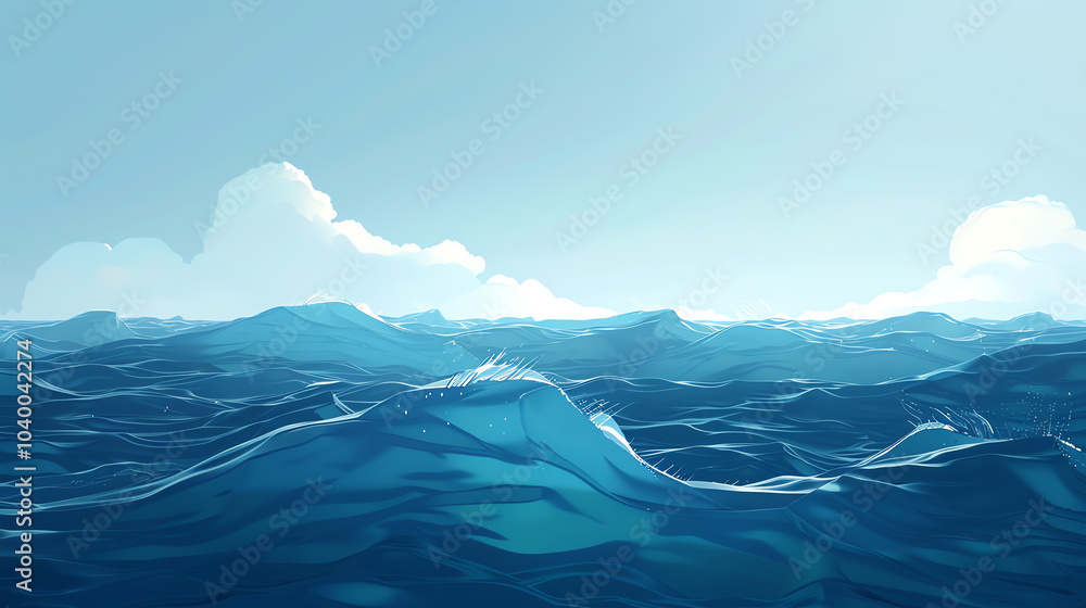 Poster capture the vast expanse of the open ocean in a minimalist design, with bold colors and clean lines 
