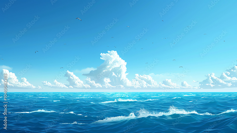 Poster capture the vast expanse of the open ocean in a minimalist design, with bold colors and clean lines 