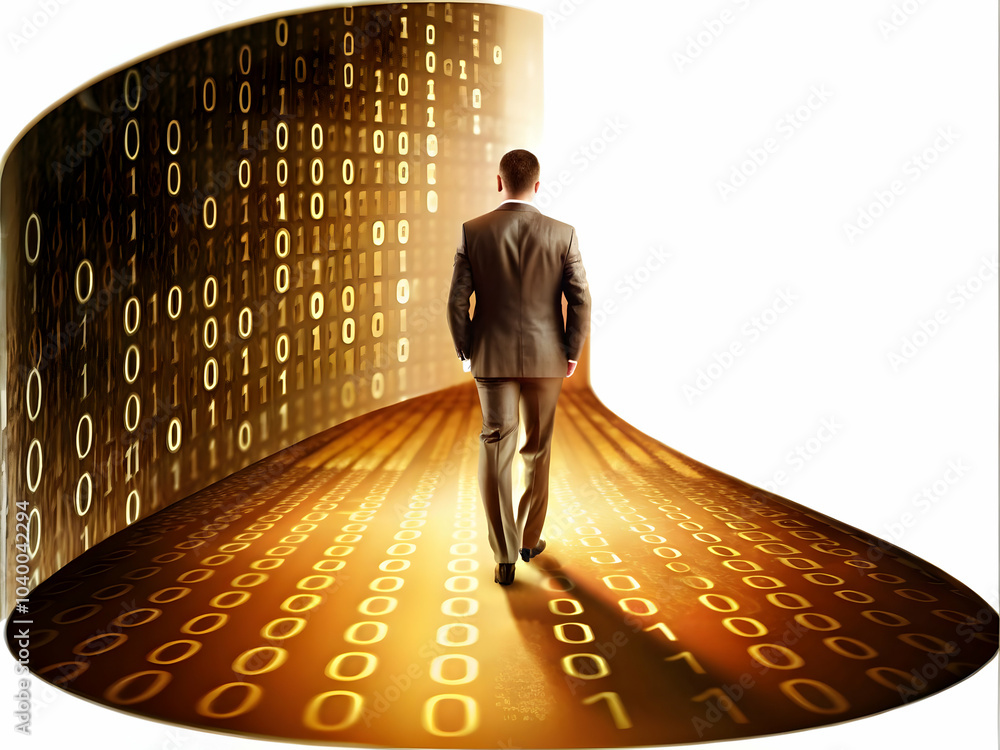 Poster businessman gazing down abstract digital transformation path with codes and symbols - visualizing bu