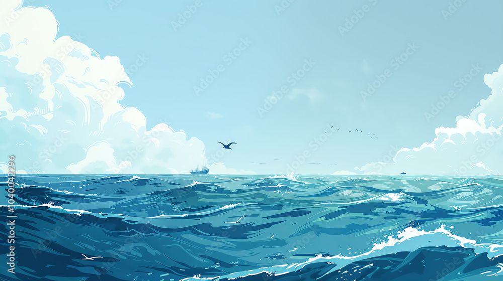 Poster capture the vast expanse of the open ocean in a minimalist design, with bold colors and clean lines 