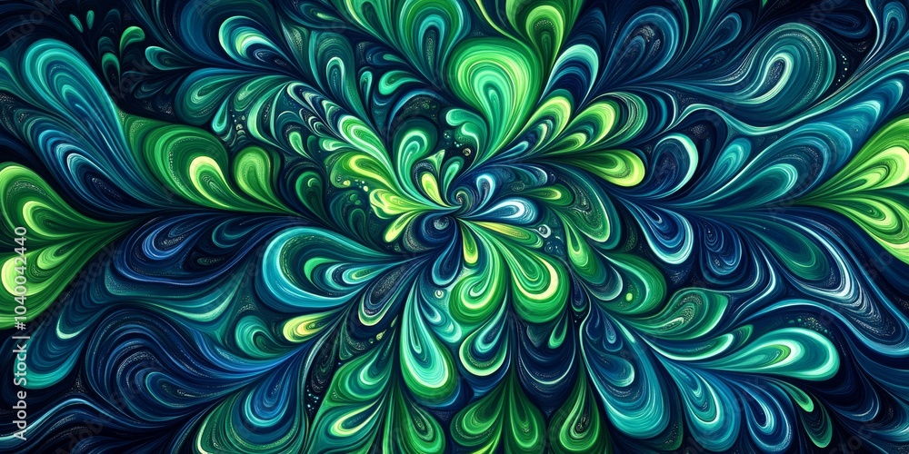 Poster symmetrical psychedelic fluidity, a vibrant green and deep blue pattern with organic shapes creating