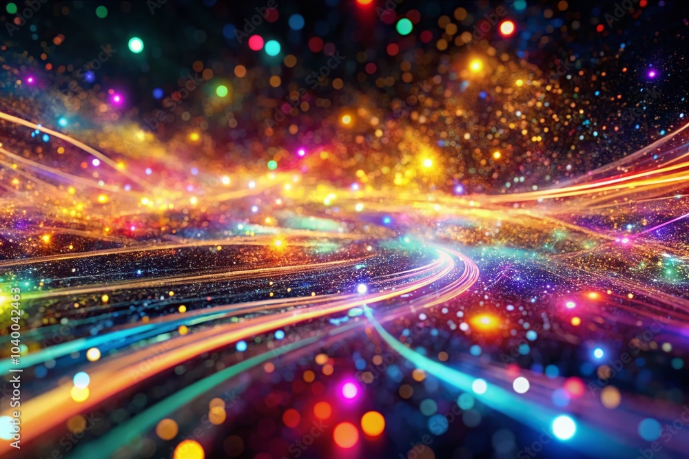 Poster interstellar data stream: vivid tilt-shift visualization of neon lights transmitting information thr