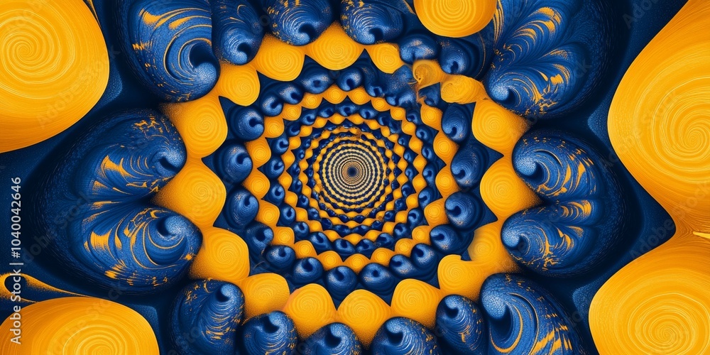 Poster vibrant swirling spiral pattern in yellow and blue, symmetrical concentric circles create dynamic en