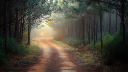 Fototapeta premium A path winding through a dense forest of pine, cedarwood, and eucalyptus, soft beams of light breaking through the canopy, a peaceful and calm atmosphere, gentle mist in the distance,