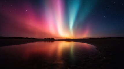 The auroras' beautiful streaks of soft pink and green stretch across the night sky, their glow reflecting artistically upon a peaceful and silent water body.