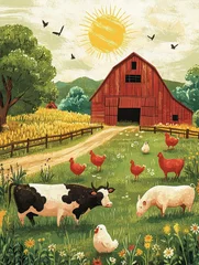 Fototapete  Playful cartoon-style farm illustration featuring oversized cows, chickens, and pigs scattered around a colorful barn, creating a whimsical and fun farm scene. © Lamina