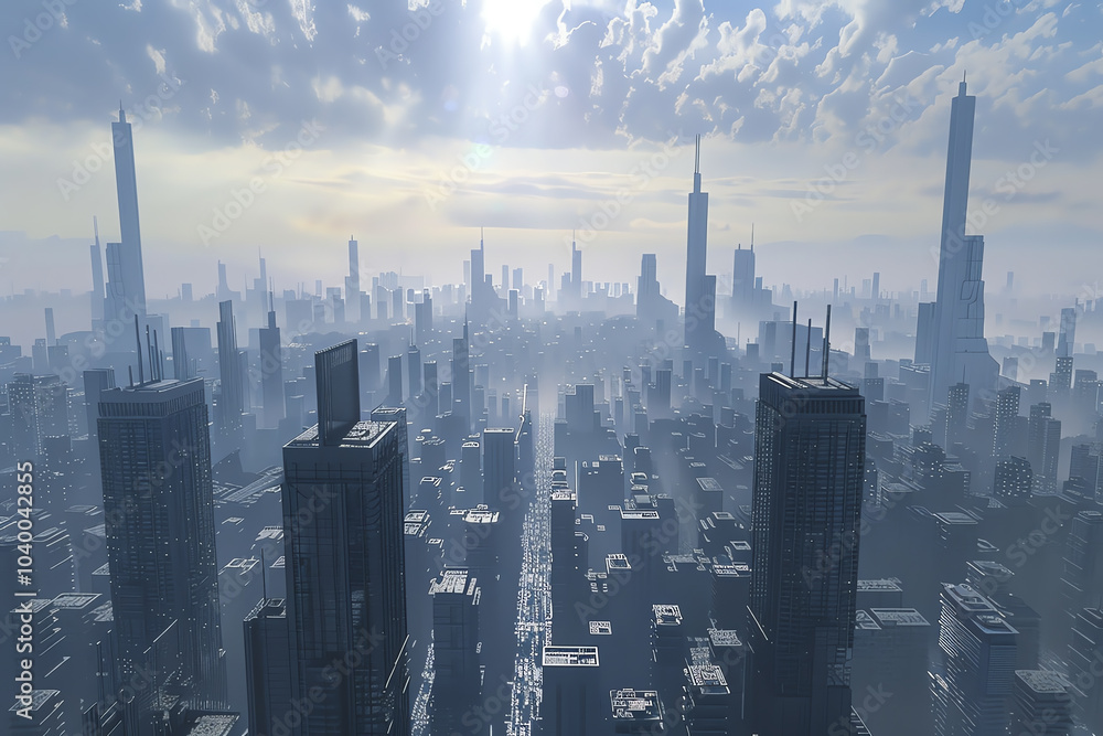 Poster craft a dystopian cityscape in a minimalist style, showcasing a futuristic skyline from a unique bir