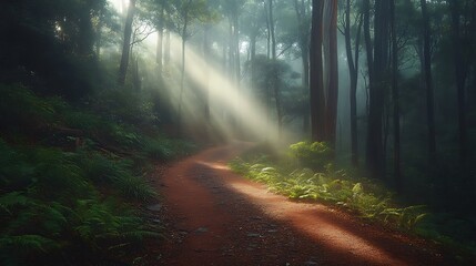 Obraz premium A path winding through a dense forest of pine, cedarwood, and eucalyptus, soft beams of light breaking through the canopy, a peaceful and calm atmosphere, gentle mist in the distance,